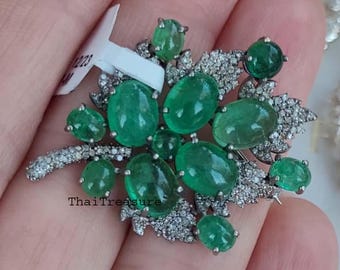 Natural Emerald & Diamond Brooch, Sterling 925 Silver, Handmade Artisan Jewelry, Birthday Gift for Her