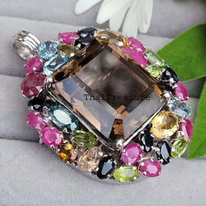 Natural Smoky Topaz, Tourmaline, Citrines, Ruby & Sapphire Sterling 925 Silver Brooch Pendant, Engagement Gift