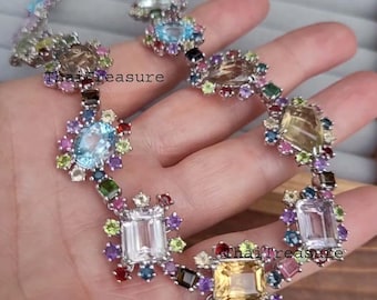 Natural Center Stone Tourmaline & Multi Gemstone Sterling 925 Silver Necklace, Wedding Jewelry, Anniversary Gift