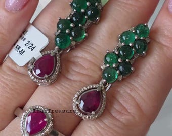 Natural Ruby, Emerald & Diamond Wedding Jewelry Set, Sterling 925 Silver, Women's Ring Earring Gift