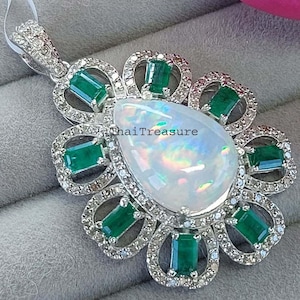 Natural Opal & Emerald Bridal Halo Wedding Pendant, 925 Sterling Silver Pave Diamond Women Pendant Gift, Wife Birthday Gift, Christmas Gift