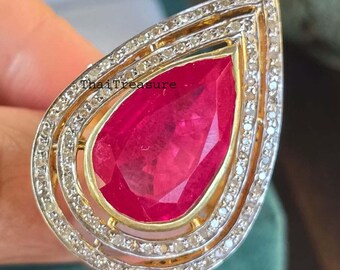 Natural Ruby Gemstone & Diamond Handmade Ring, Sterling 925 Silver Gold Plated Jewelry, Partywear Gift