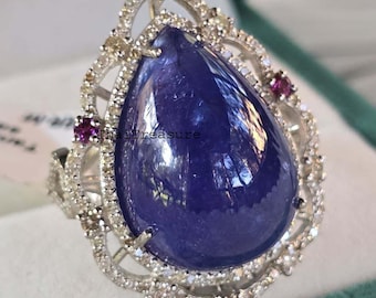 Natural Tanzanite Sapphire Statement Ring, 925 Sterling Silver Pave Diamond Halo Cocktail Jewelry