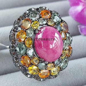 Natural Ruby, Multi Colored Sapphire Gemstone & Diamond Handmade 925 Sterling Silver Ring, Mother's Gift