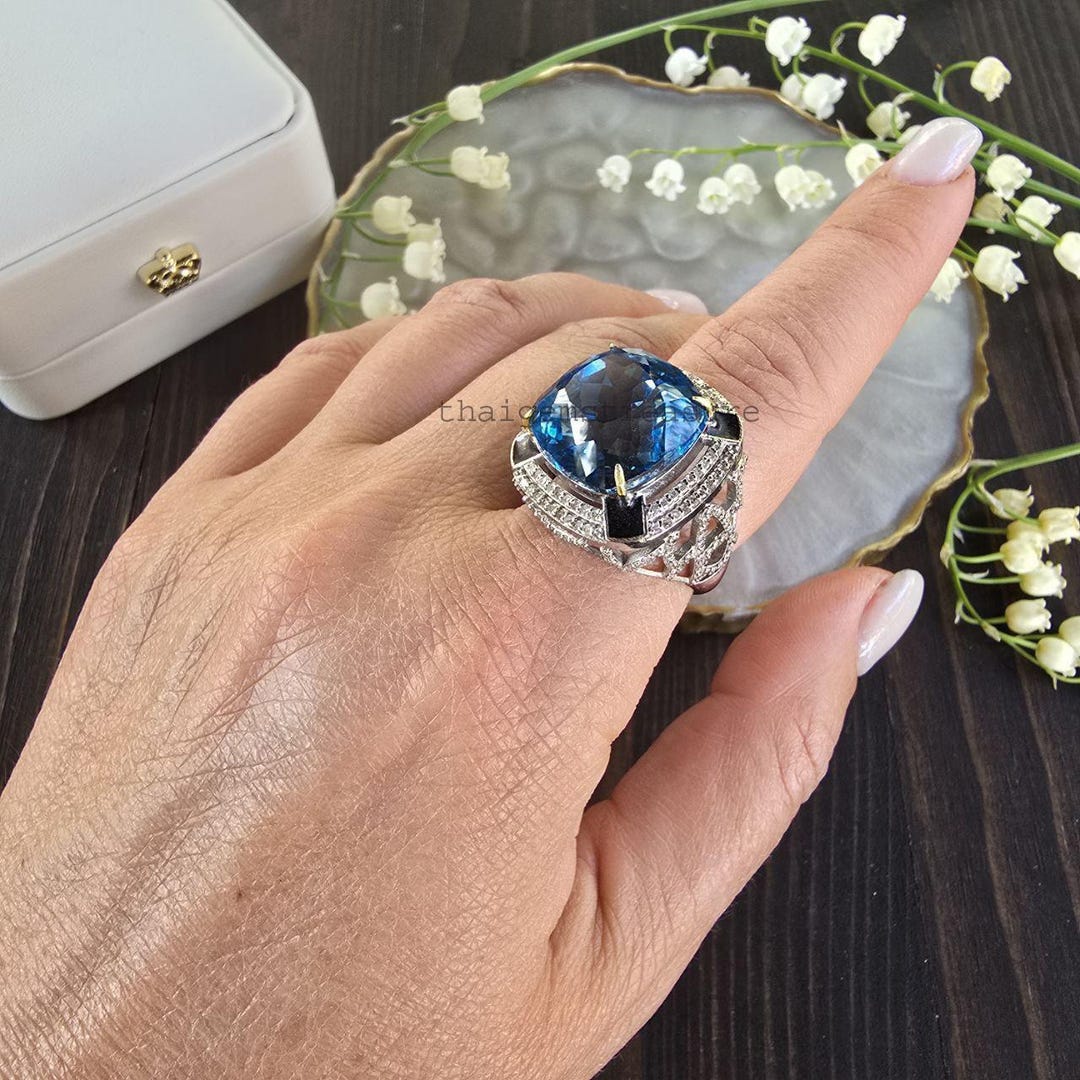 Natural Swiss Blue Topaz Ring With Black Enamel, 925 Sterling Silver ...