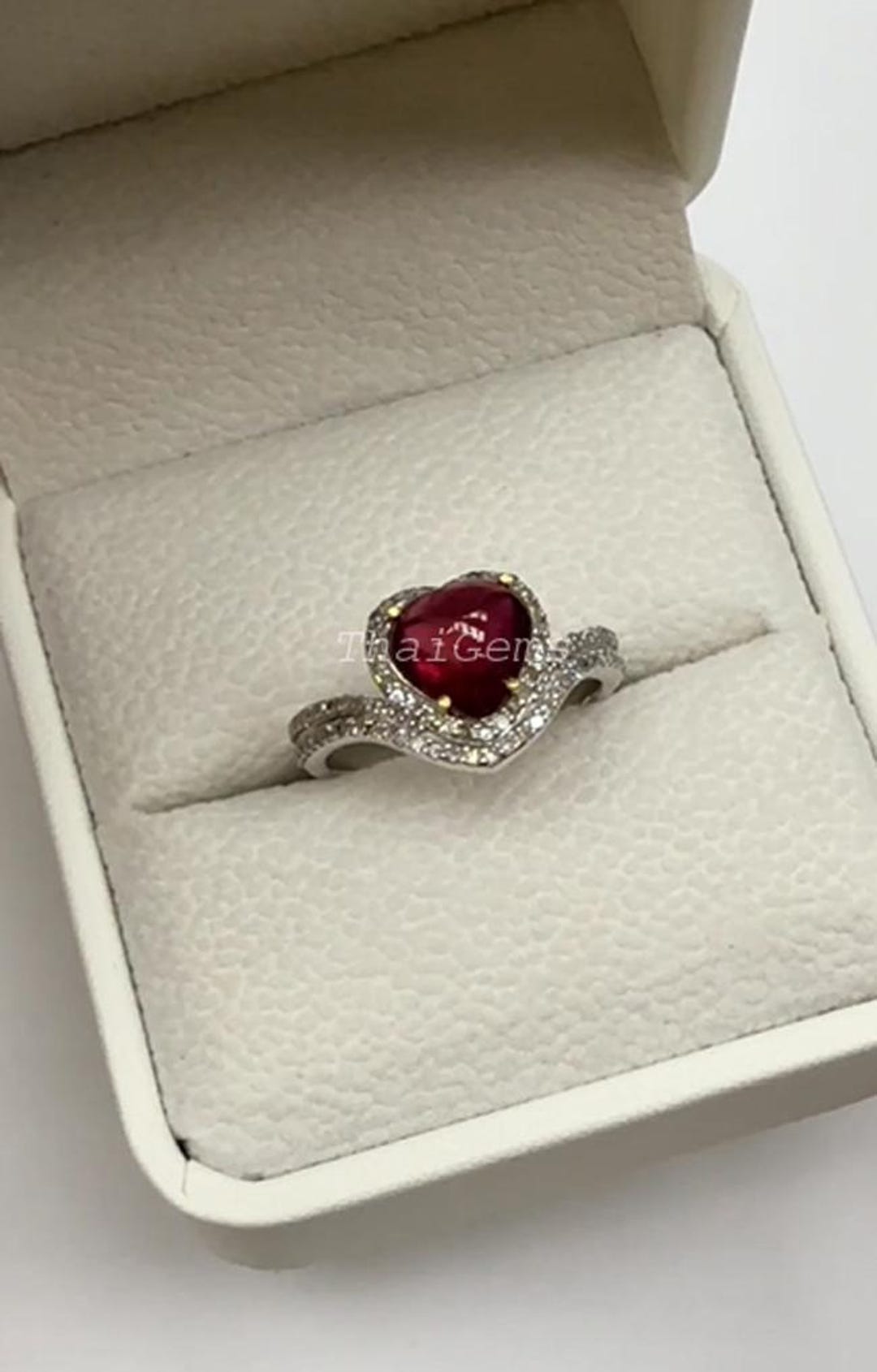 Romantic Heart Ruby Ring With Diamond Accents, 925 Sterling Silver ...