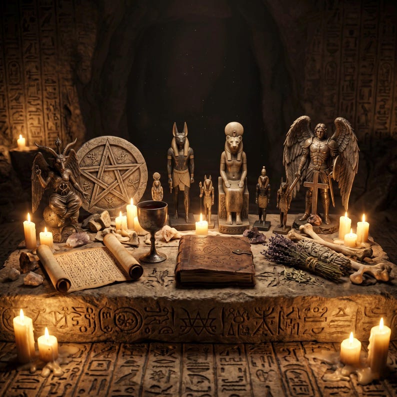 May include: A stone altar featuring a collection of statues including a winged figure, a seated lion-headed deity, and an Anubis figure. The altar holds a leather-bound book, a scroll, a metal chalice, bundles of dried herbs, bones, and lit candles.