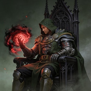 May include: A figure in dark green hooded robes and metallic armour sits on a tall, ornate black throne. The figure holds a swirling orb of glowing red energy and black smoke in one hand, while wearing detailed metal gauntlets and greaves.