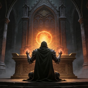 May include: A hooded figure in dark, spiked armour kneels before a stone altar, hands raised towards a glowing, circular orange orb of energy. The scene is set within a dark, vaulted stone chamber with tall, arched architectural elements.