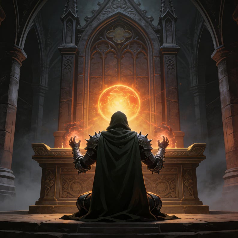 May include: A hooded figure in dark, spiked armour kneels before a stone altar, hands raised towards a glowing, circular orange orb of energy. The scene is set within a dark, vaulted stone chamber with tall, arched architectural elements.