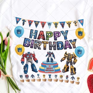 Transformers Birthday Party Decor Bundle | Printable Robot Party Set | Optimus Prime & Bumblebee Cupcake Toppers | Digital Party Kit PNG
