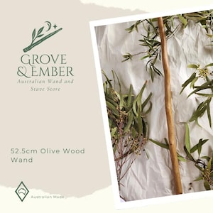 May include: A 52.5cm olive wood wand, presented with green foliage on a white backdrop. The wand is a light brown colour. The image includes the text "GROVE & EMBER Australian Wand and Stave Store".
