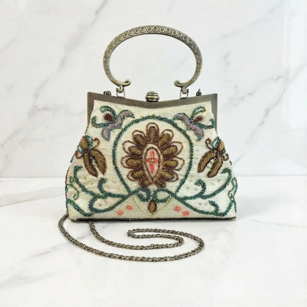Vintage Floral Beaded Evening Bag Ornate Metal Top Handle Hand Stitched Embroidery Sequin Bridal Wedding Clutch Purse MCM 50s 60s Handbag