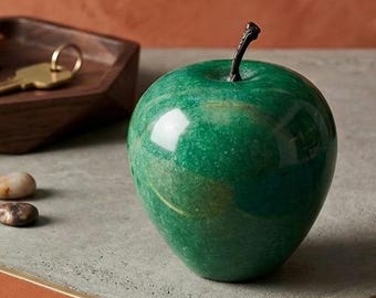 Green Onyx Marble Apple Paperweight Stone Fruit Collectible Real Marble Desk Accessory Raw Luxury Biophilic Decor 80s
