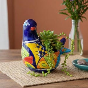 Mexican Talavera Ceramic Dove Hen Planter Handmade Colorful Folk Art Pottery Drainage Hole Bird Animal Flower Pot Vibrant Garden Decor Gift