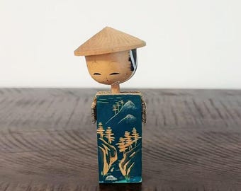 Signed Japanese Sosaku Wooden Kokeshi Doll Hand Painted Floral Wooden Vintage Figurine Mid Century Modern Folk Art Japan Home Decor