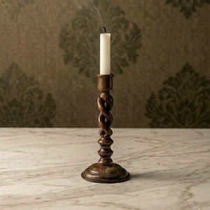 Near-Antique Barley Twist Wooden Candlestick, English Jacobean Oak Candle Holder, Open Spiral Carving, Dark Academia Decor Eclectic Home 30s
