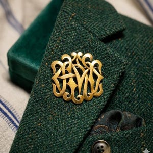 MJENT Monogram Coat Woven Letters Brooch Vintage Signed Victorian Revival Baroque Ornate Gold Initial Pin Art Nouveau Style Retro Jewelry
