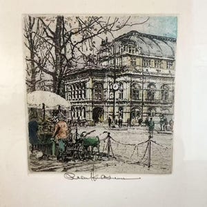 Robert Kasimir Pencil Signed Vienna Opera House Etching Hand Colored Austrian Impressionism Architecture MCM Decor Framed Austria 50s