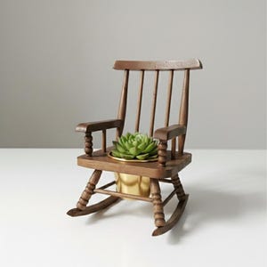 Vintage Miniature Wooden Rocking Chair Planter Rustic Candle Holder Handcrafted Natural Wood Farmhouse Cottagecore Home Shelf Decor