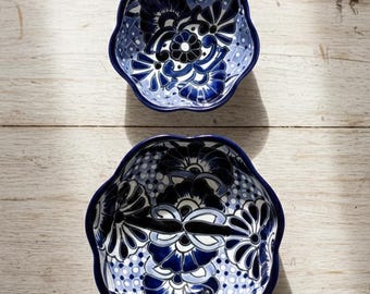 Talavera Bowls LEAD FREE  Set Blue White Floral Mexican Pottery Hand Painted Vintage Folk Art Decorative Salad Dish Vibrant Ethnic Pair