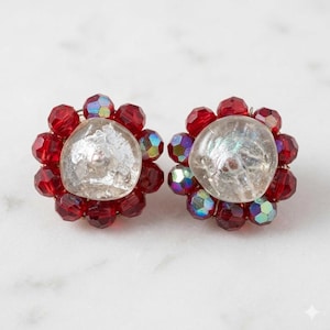 Vintage Sherman Ruby Red Crystal Clip On Earrings, Mid Century 50s Aurora Borealis Jewelry Cluster
