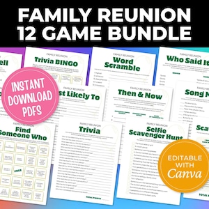 Family Reunion Games Printable Editable Bundle | 12 Icebreaker Trivia Bingo and Reunion Activities | Family Reunion Ideas for Adults & Kids