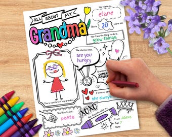 All About My Grandma Printable | Grandparents Day, Birthday, or Mothers Day Gift, Coloring Page Keepsake Activity for Kids, Instant Download