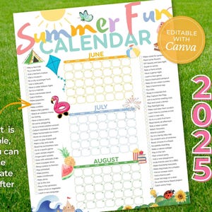 Printable Summer Bucket List, Large Activities Calendar for Kids, Fun Checklist, Digital Download for 2025
