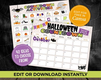 Printable Halloween Countdown Advent Calendar, Fall Bucket List, Halloween Craft, October Kids Activities, Digital Download, Canva Template