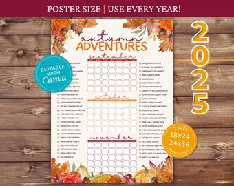 Editable Fall Bucket List Calendar, Printable | Autumn Family Fun Activities, Fall Printable, Fall to do List, Fall Leaves, Canva Template