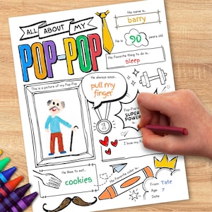 Afdrukbare kleurkaart Vaderdag | Vaderdagactiviteit voor kinderen | Alles over PopPop | DIY-cadeau voor pop-pop | Gepersonaliseerde aandenken