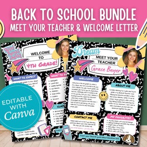 May include: Back to School Bundle featuring a "Meet Your Teacher" and "Welcome Letter" design. The design includes a smiling face, a pencil, and a notebook paper background. The text includes "Welcome to 4th Grade!" and "Meet Your Teacher".