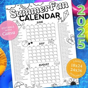 Editable Summer Bucket List Printable for Kids | 2025 Kids Wall Calendar | Summer Calendar Canva Coloring Template | Fun Family Wall Planner