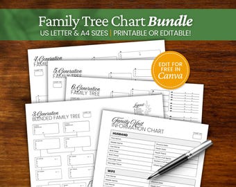 Printable Family Tree PDF, Editable Ancestral Chart, Pedigree Chart, Genealogy Template, 6 Generation Family Tree Chart, Blended Family Tree