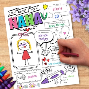 All About My Nana Printable | Grandparents Day, Birthday, or Mothers Day Gift, Coloring Page Keepsake Activity for Kids, Instant Download