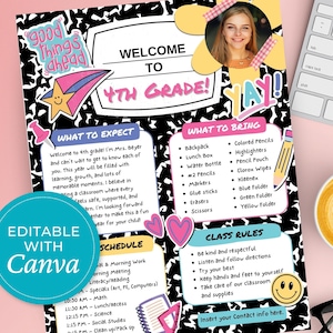 May include: A colorful 4th-grade welcome poster with a notebook paper design. The poster includes a photo, text, and graphics, with sections for expectations, supplies, and class rules. The words "Welcome to 4th Grade!" are prominently displayed.