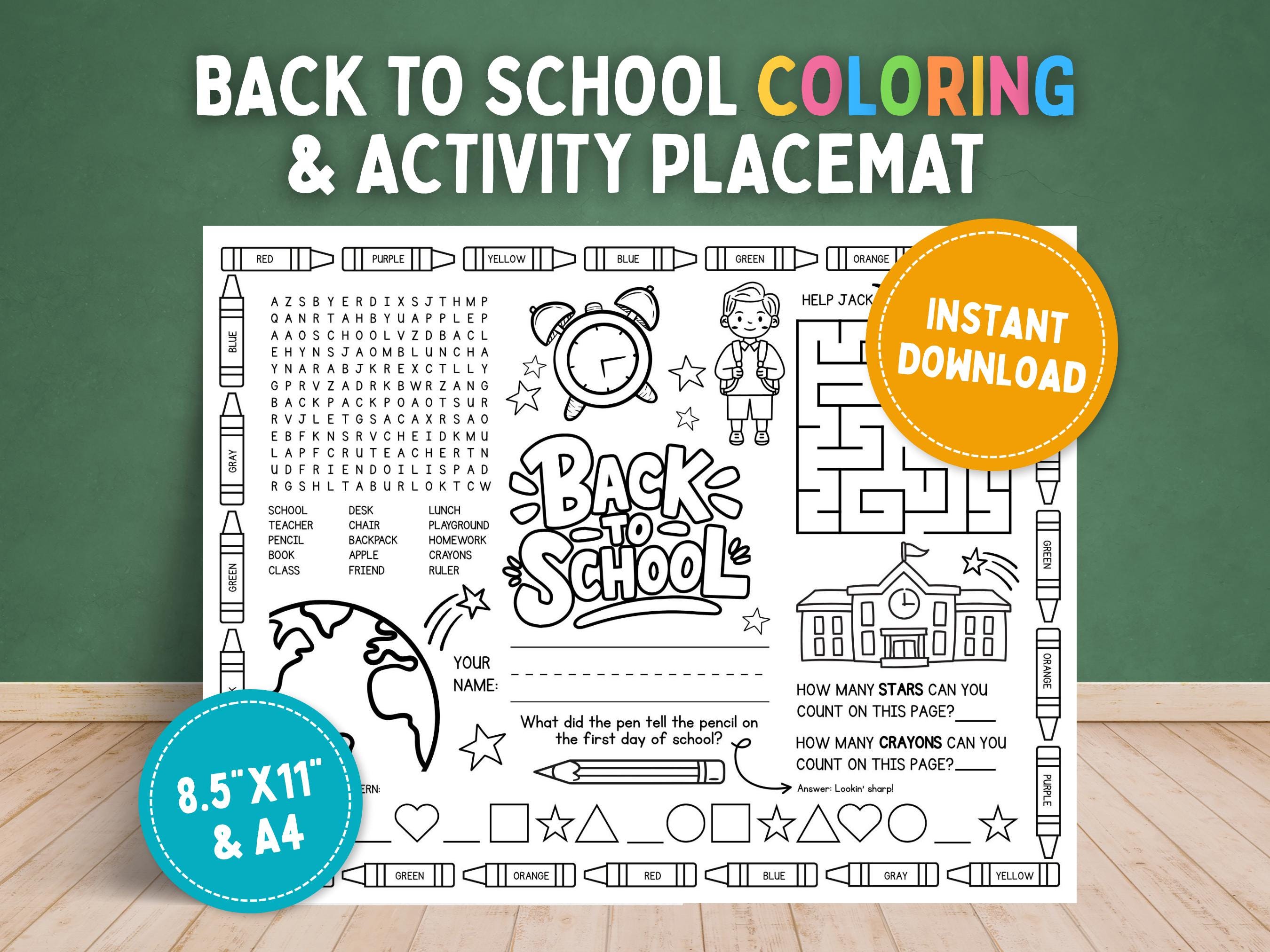 Printable Back to School Activity Sheet, Coloring Placemat, Instant ...