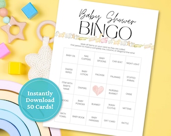 May include: A baby shower bingo game card with a watercolor illustration of animals. The card includes a grid with baby-related items like diapers, pacifiers, and baby oil. The card also has the text "Baby Shower Bingo" at the top and "Instantly Download 50 Cards!" in a circle.