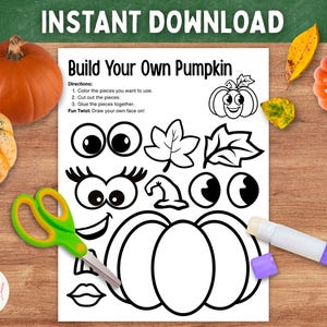 Op de afbeelding: Een printbaar "Maak je eigen pompoen"-werkblad met instructies, pompoenomtrek en diverse gezichtsdelen. Inclusief schaar, lijmstift en pompoenen. De tekst "Direct downloaden" staat bovenaan.