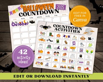 Halloween-nedräkning Bucket List, utskrivbar adventskalender för oktober, Halloweenpyssel, aktivitetssida för barn, direktnedladdning, Canva-mall