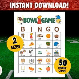 May include: A printable "Bowl Game Bingo" game with 50 unique cards, featuring football-themed illustrations. The game includes 2 sizes and is available for instant download. The background is a football field.