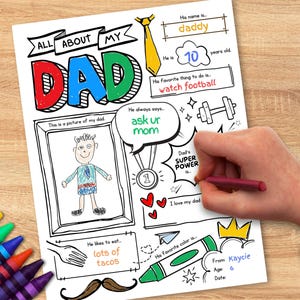 Fathers day printable | All About Dad Questionnaire, Coloring Card | Humorous DIY Gift from Kids, Happy Father's Day Activity Page Printable