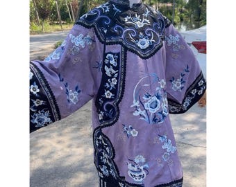 Abito Hanfu ricamato viola, collo obliquo, costume della dinastia Qing