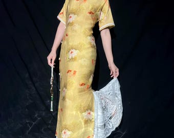 Vestido Hanfu com estampa de lótus e carpas; Qipao de inspiração vintage