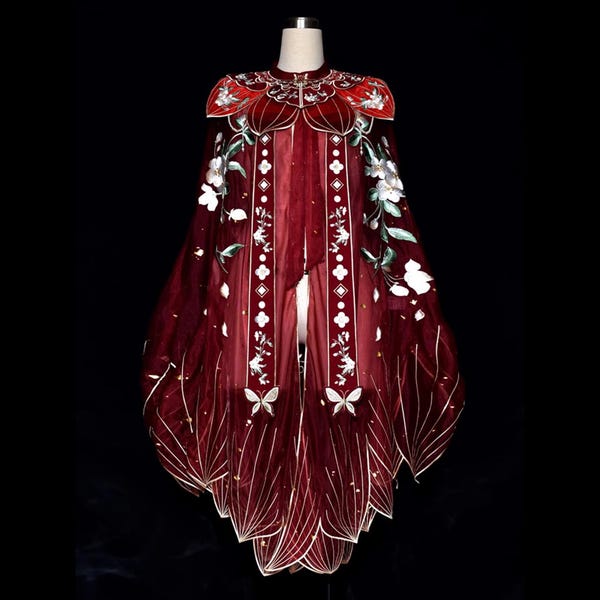 Red Embroidered Tulle Cloud Shoulder Cape, Hanfu Cloak