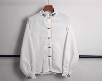White Hanfu Top, Embroidered Bird Detail, Long Sleeve Shirt