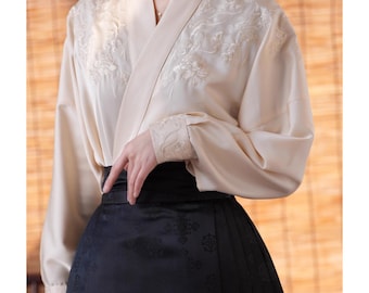 Apricot Embroidered Hanfu Top, Cross-Collared Blouse