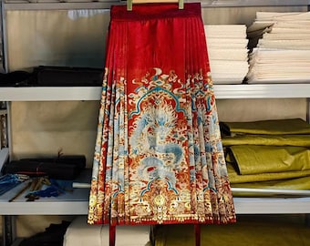 Red Pleated Hanfu Skirt, Gold Embroidered Dragon, Traditional Women's Clothing