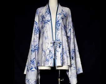 Bamboo Print Pleated Hanfu Top, Tie-Front Blouse